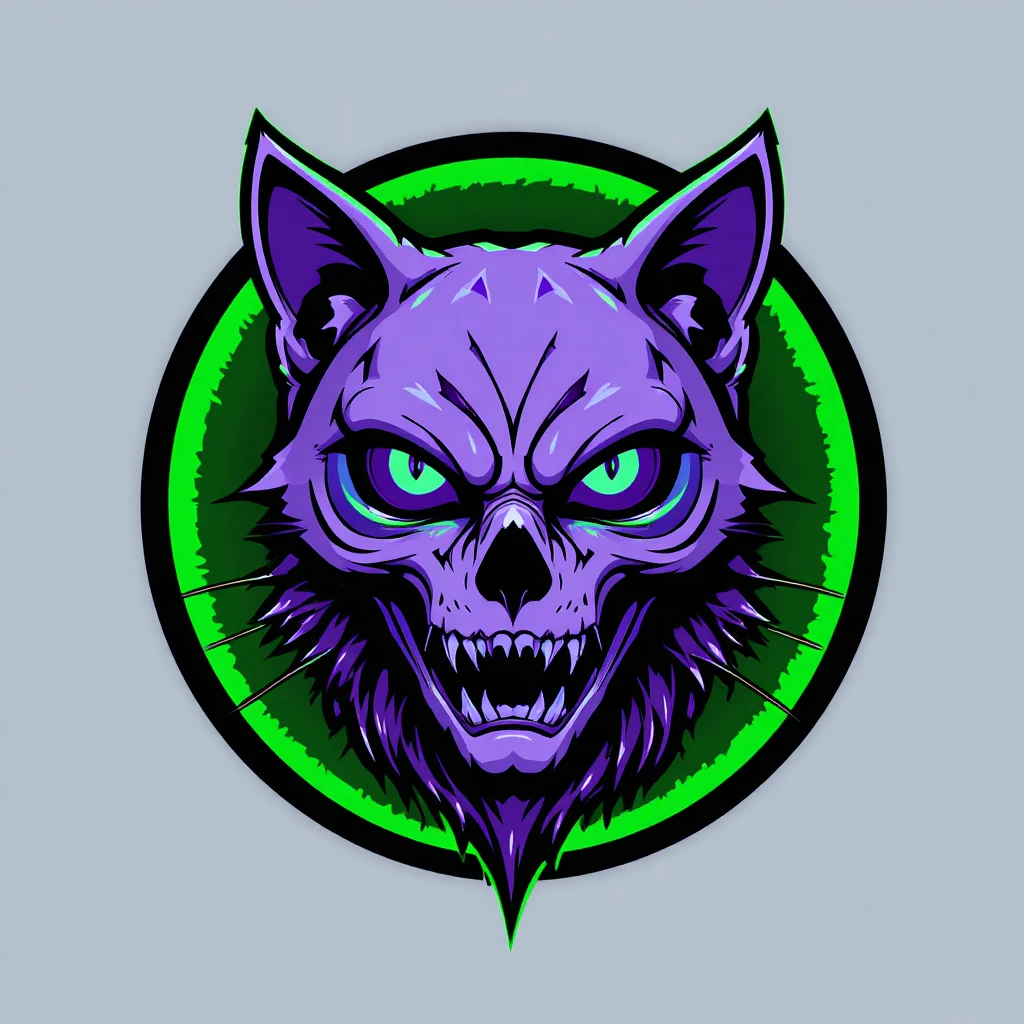 Logo de crâne de chat violet avec ailes et halo vert néon