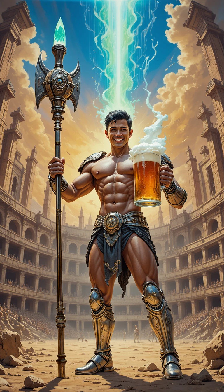 Triumphant gladiator raising magical beer in alien arena
