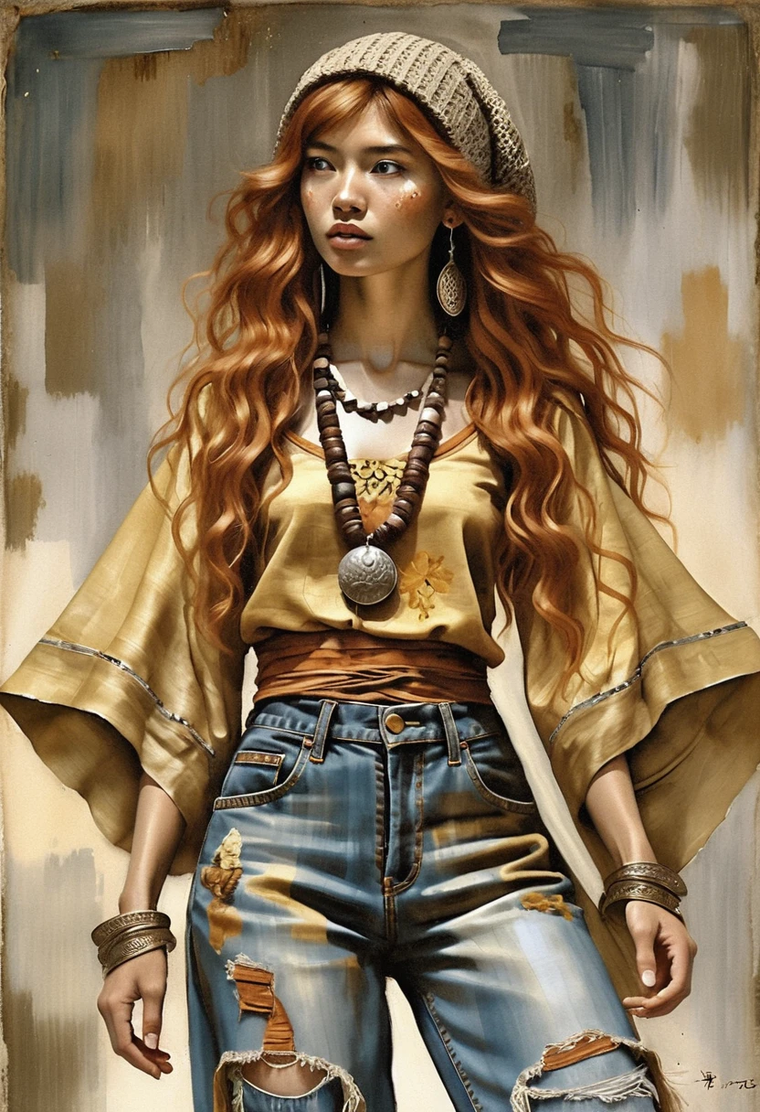 Mujer asiática con atuendo bohemio frente a fondo abstracto pintado