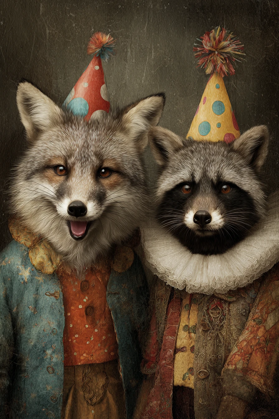 Zorro y mapache cantando feliz cumpleaños en una escena de fiesta surrealista