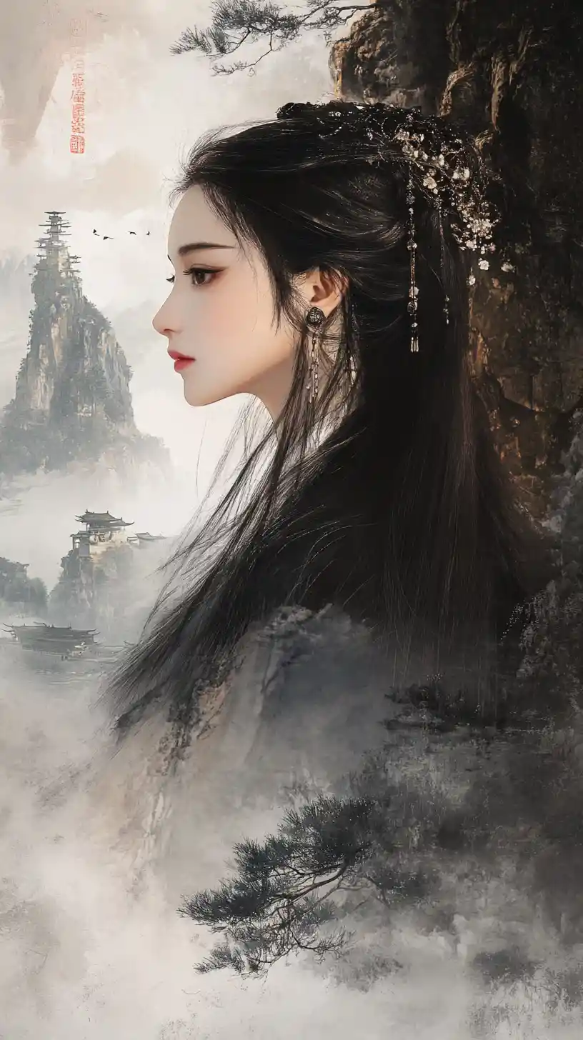 Elegant Chinese woman in profile amid misty mountain peaks