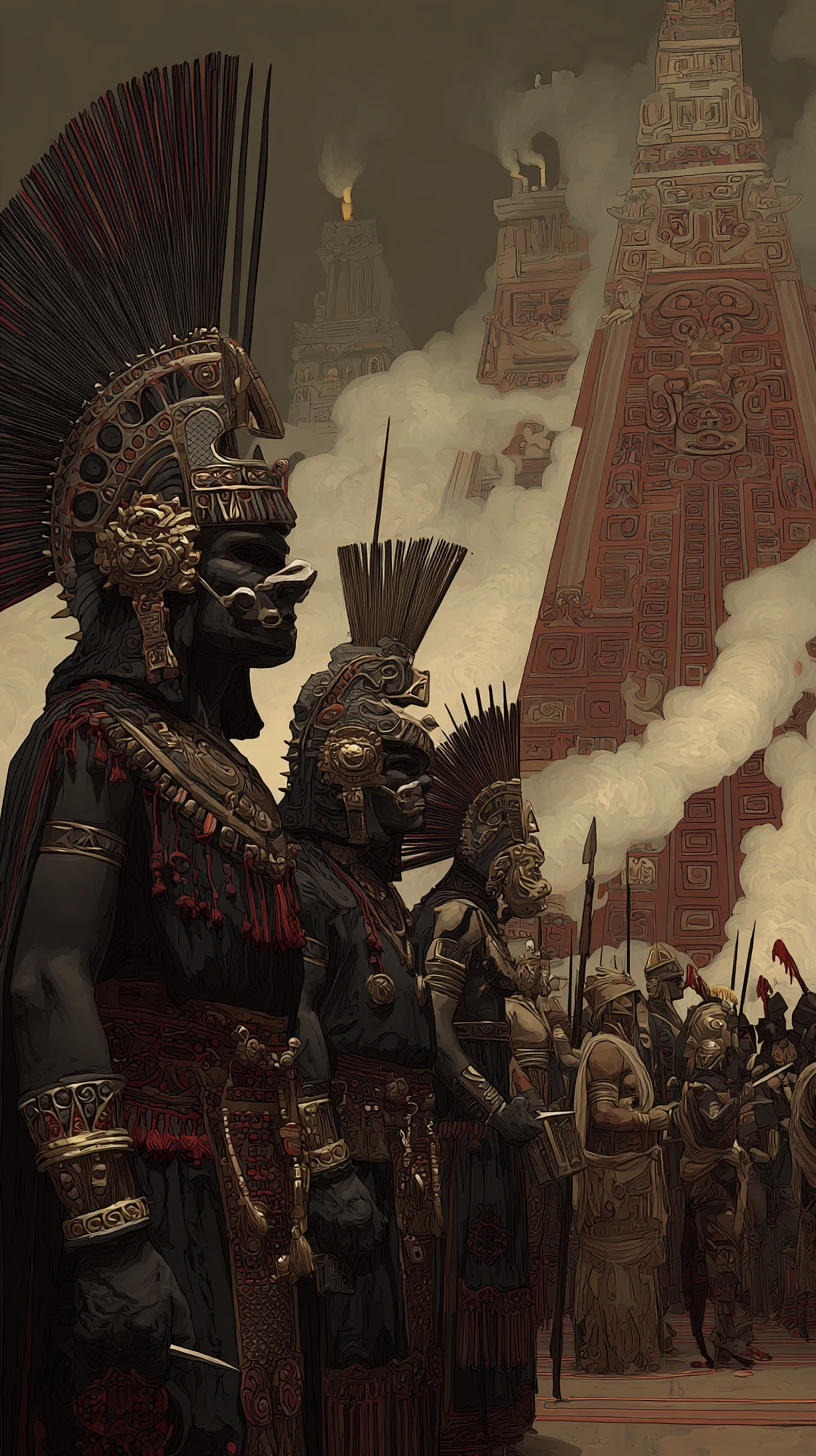 Guerreros mesoamericanos antiguos reunidos ante un templo de piedra