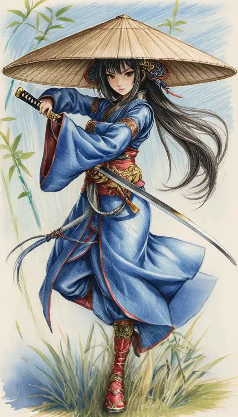 Anime samurai woman drawing her katana in windy field