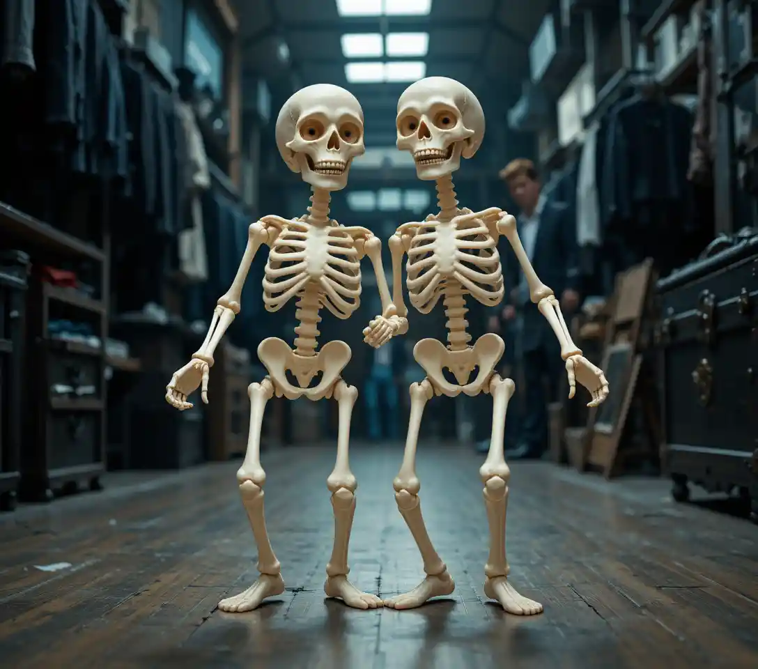 Two plastic skeletons dancing playfully on an indoor floor