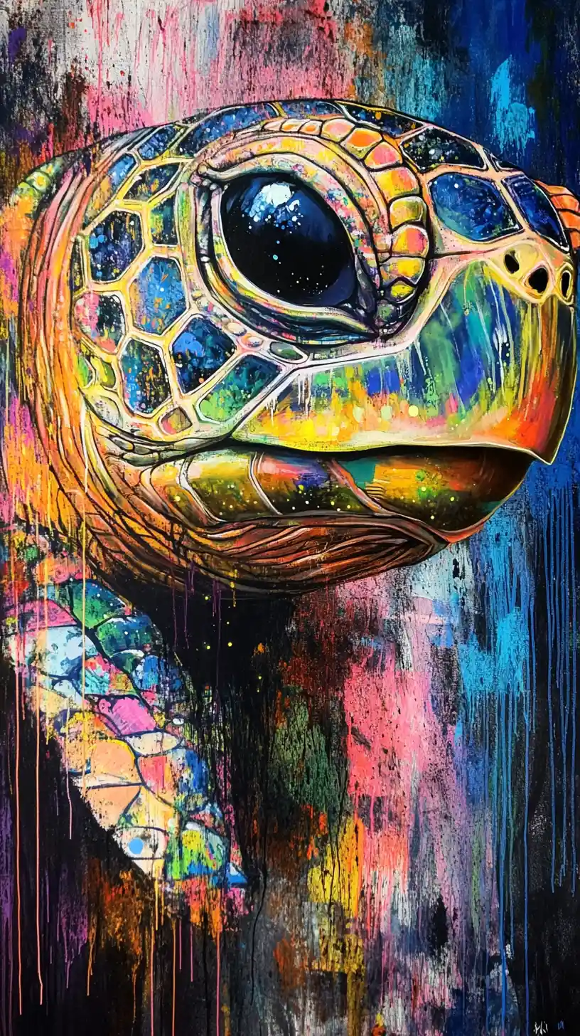 Retrato Surreal de Tartaruga em Grafite com Olho de Néon Luminoso