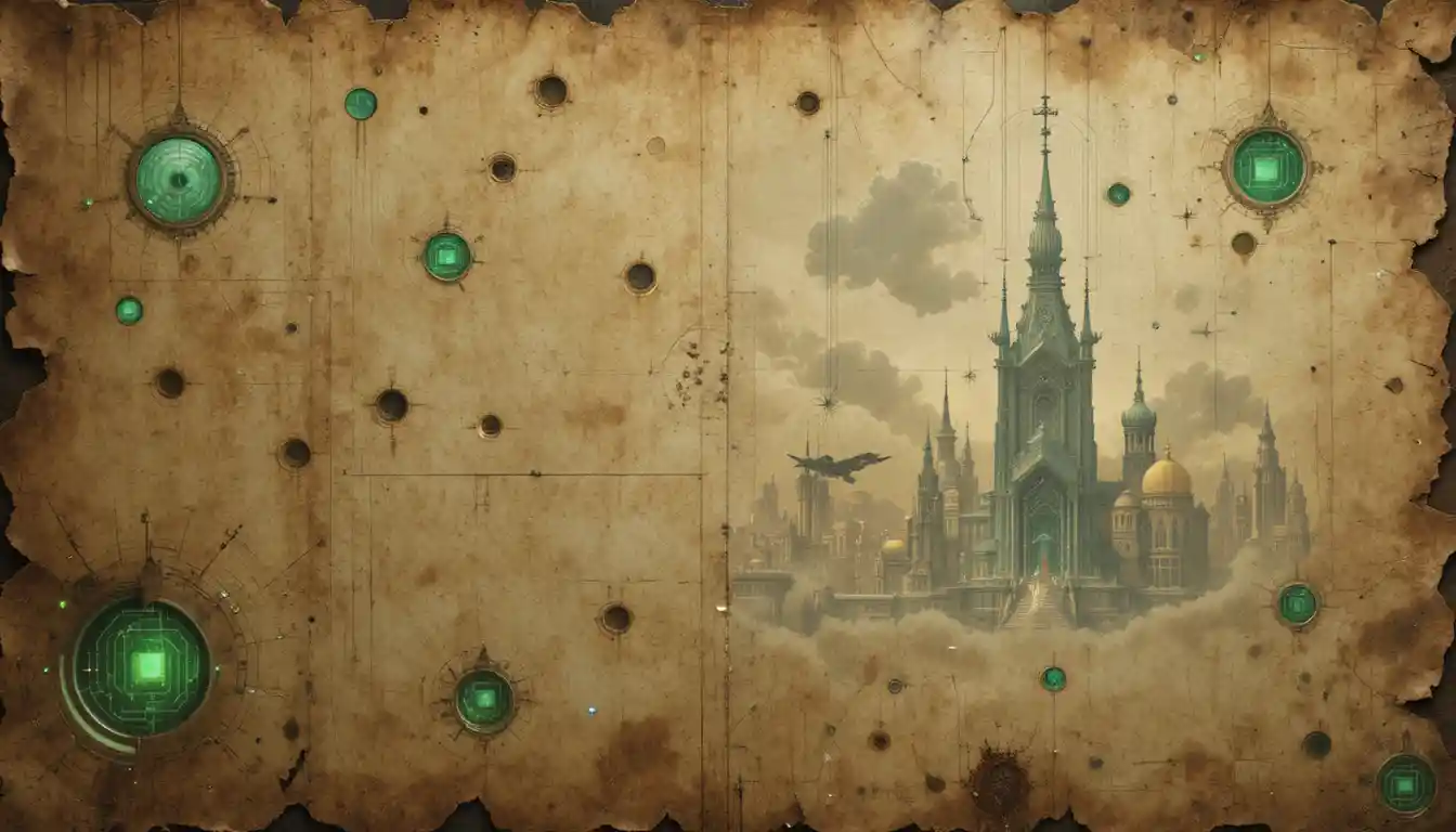 Futuristic 3D city with flying vehicles in cloudy sky