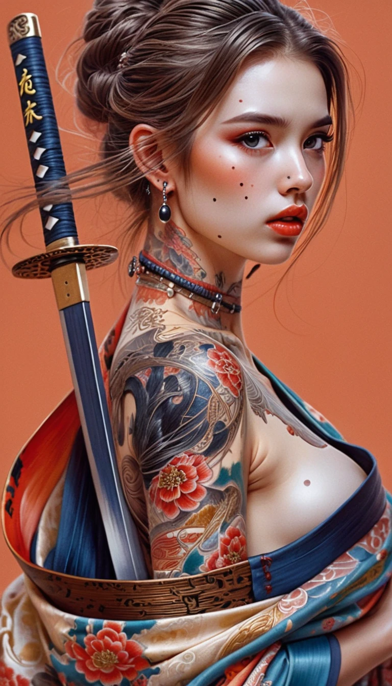 Tattooed woman in kimono holding katana against red background