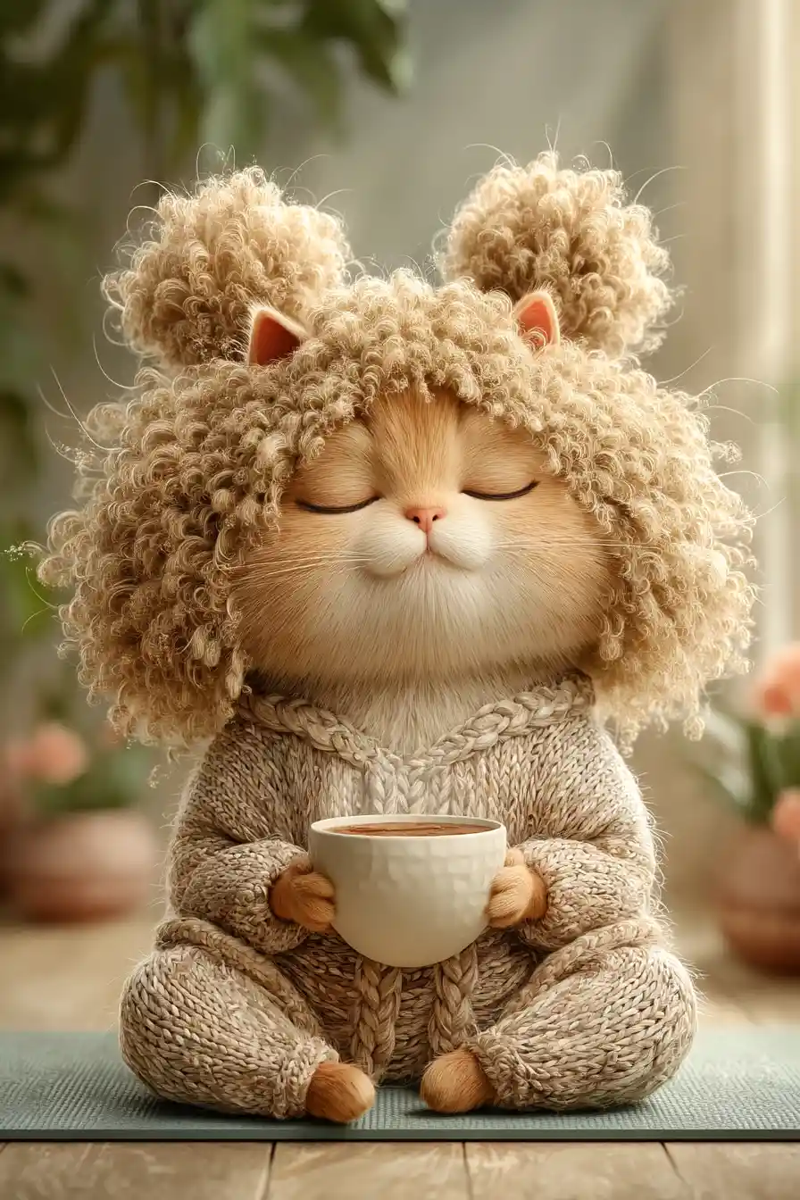Cute curly cat meditating with coffee on a yoga mat