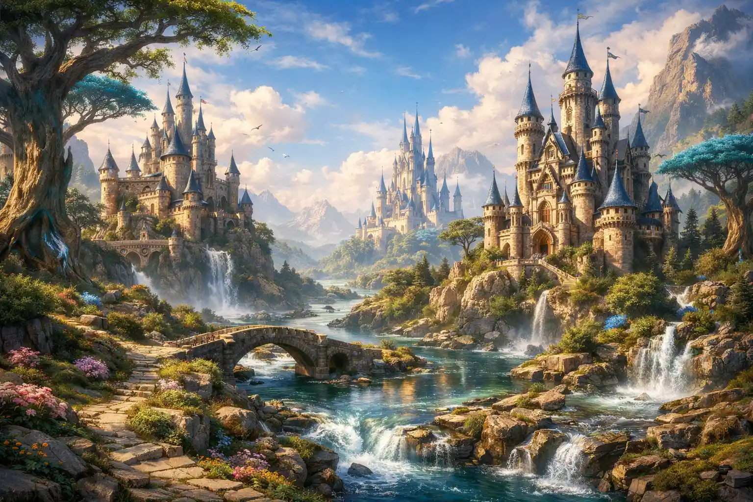 Epic fantasy castles rising above winding river landscapes