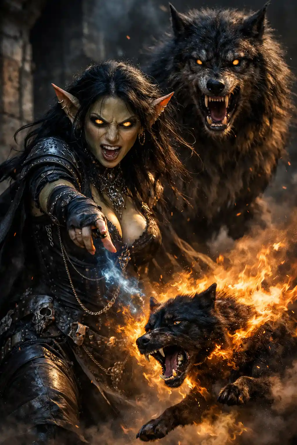 Gothic goblin sorceress commanding magic beside a werewolf
