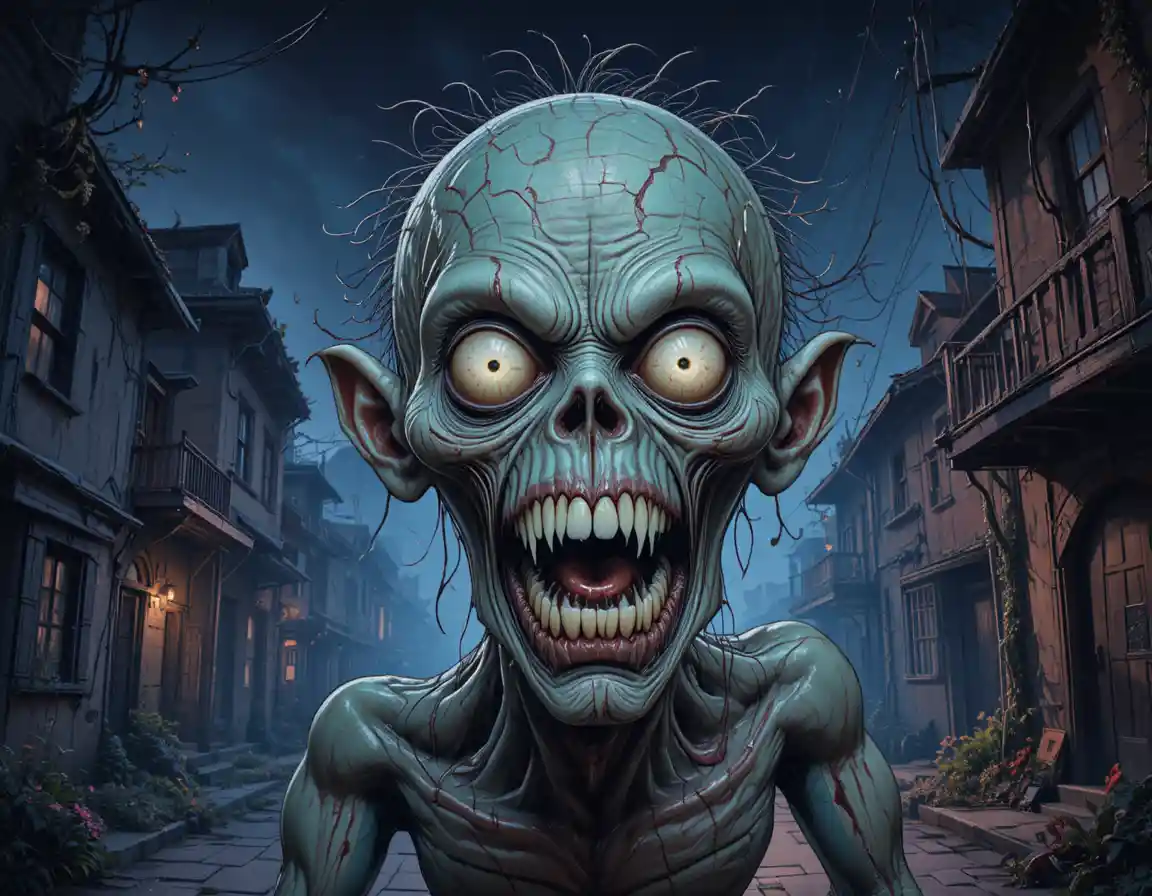 Monstruo CGI aterrador en una oscura y decadente calle de pueblo