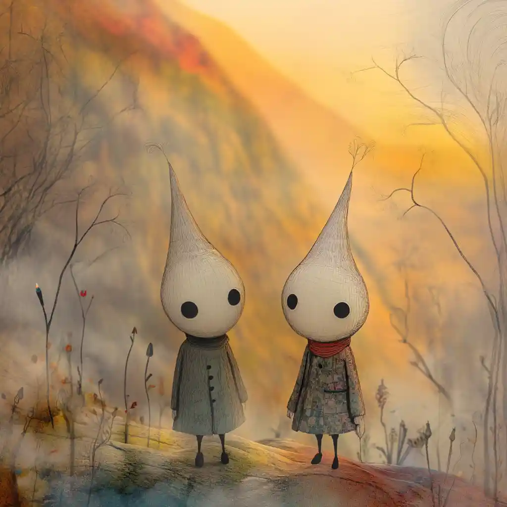 Niños de caricatura surreal caminando en una catedral de nubes