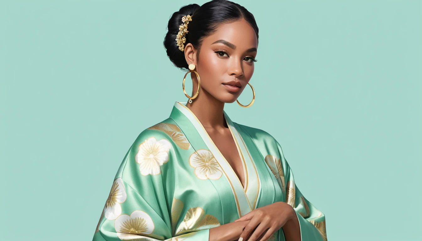 African American woman in mint kimono full body illustration