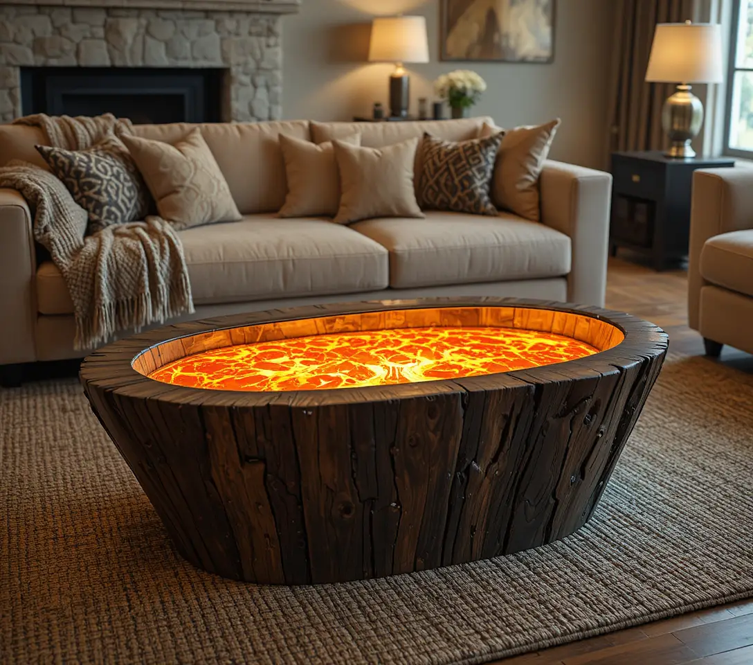 Modern living room with glowing glass top coffee table
