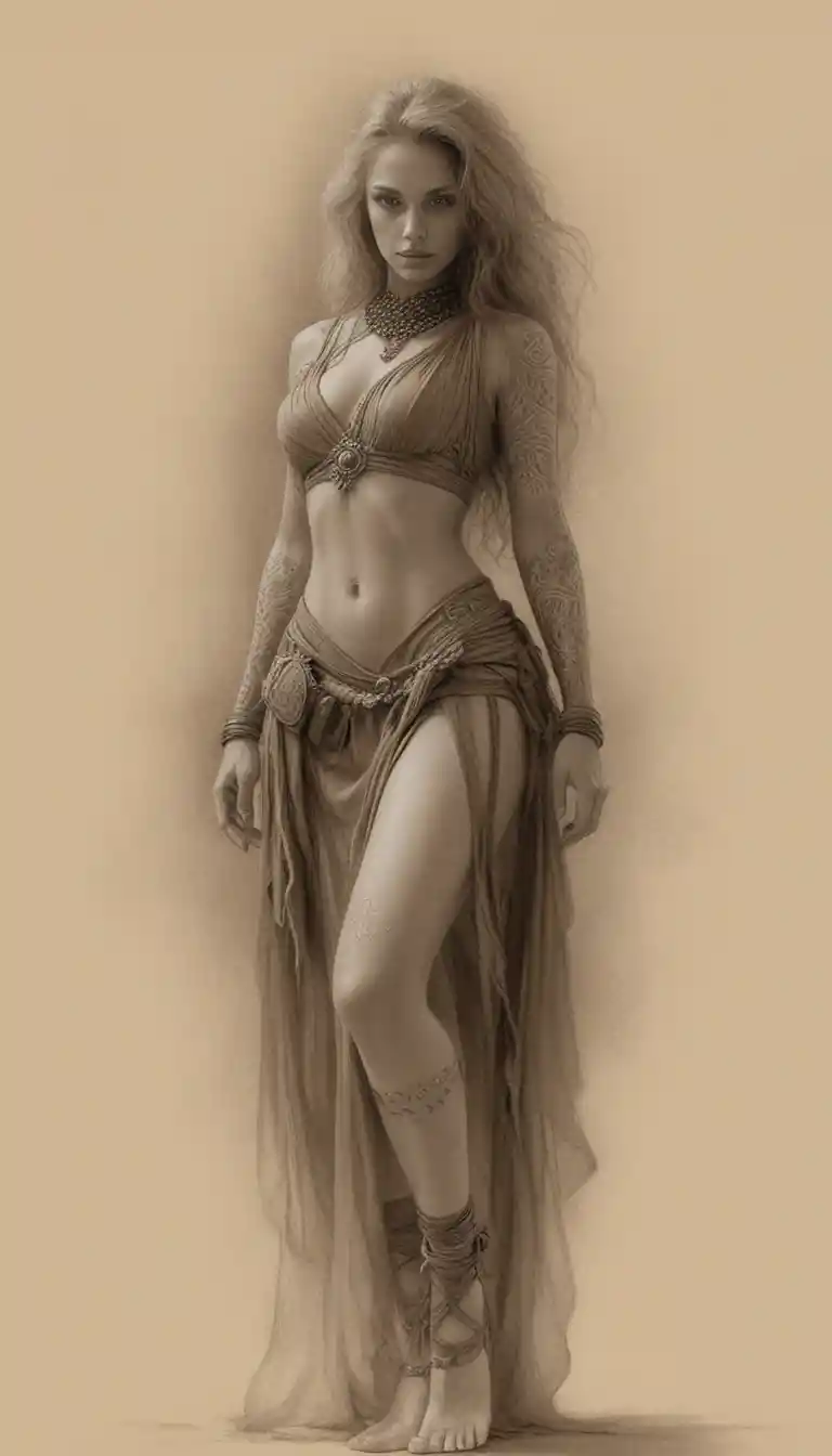 Sepia warrior woman in dramatic full body fantasy portrait