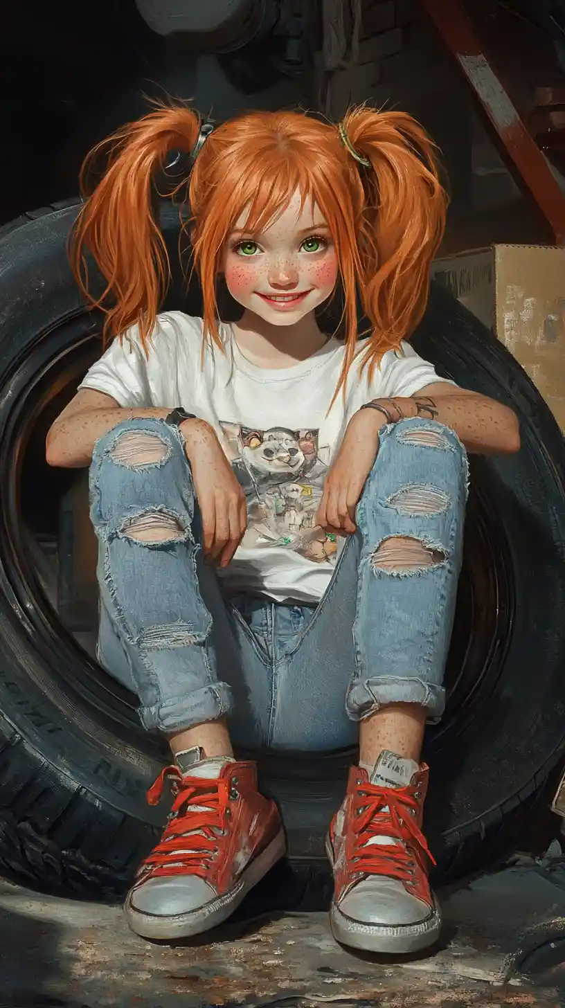 Chica de anime de pelo naranja sentada sobre un neumático en un garaje