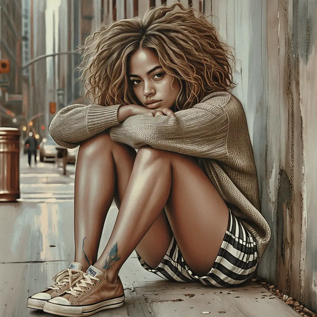 Thoughtful young woman sitting on a city sidewalk