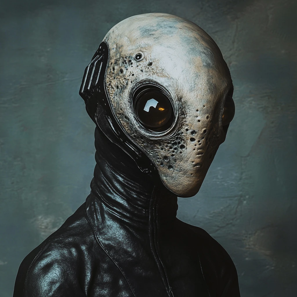 Alien humanoid in glossy black suit inside a spaceship