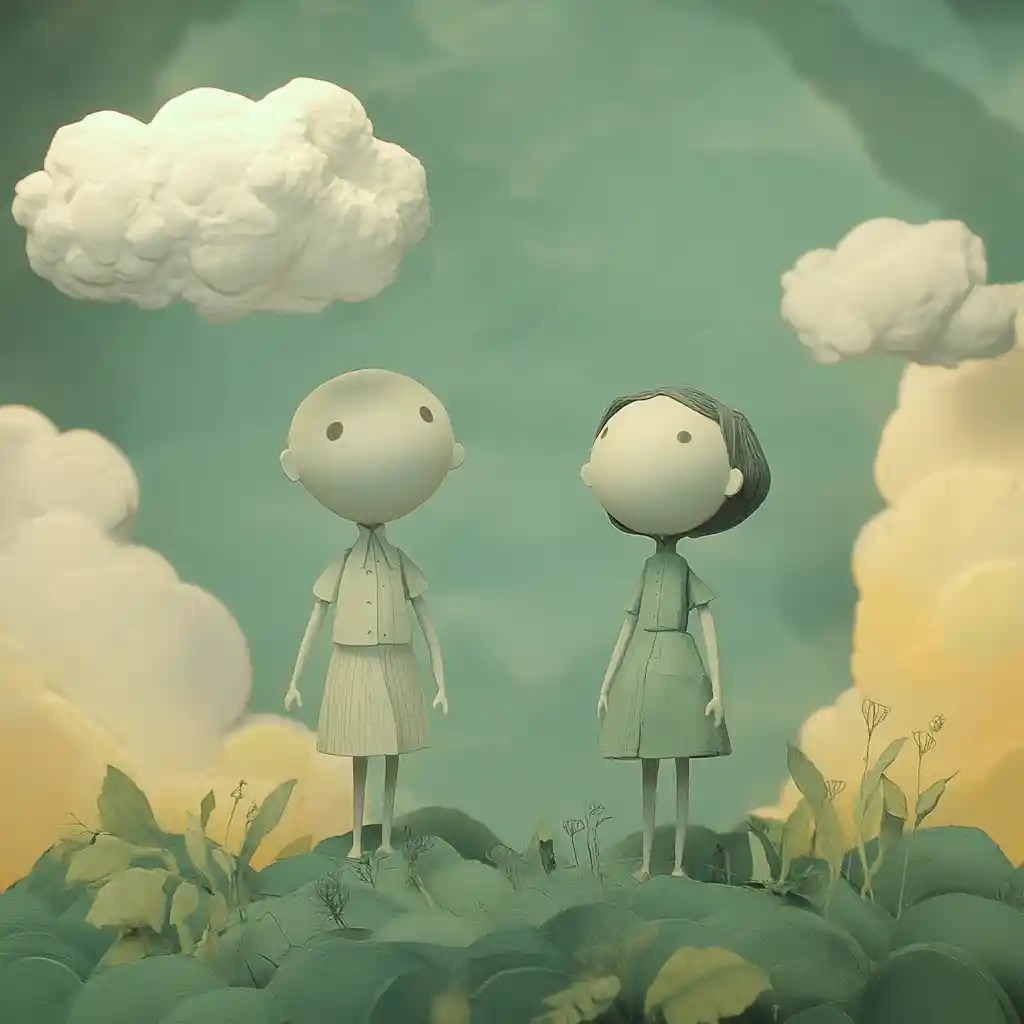 Surreal cartoon boys wandering through a cathedral of clouds