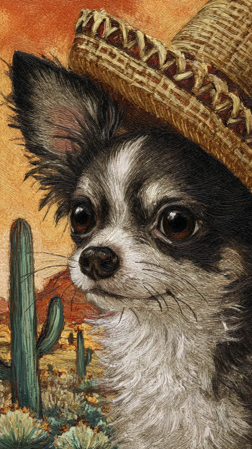 Cute chihuahua in a sombrero in a desert landscape