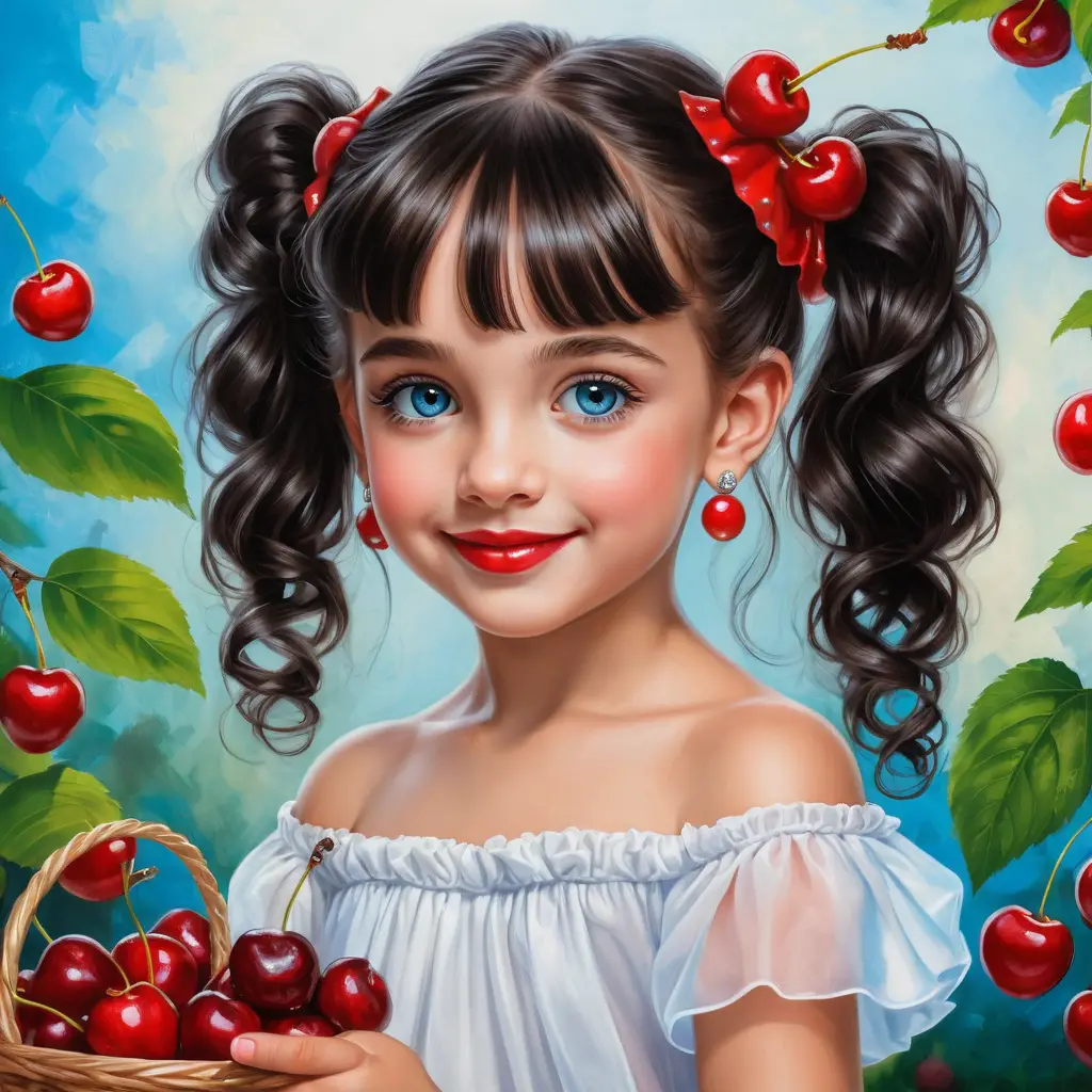 Cute young girl with cherries in a summer illustration