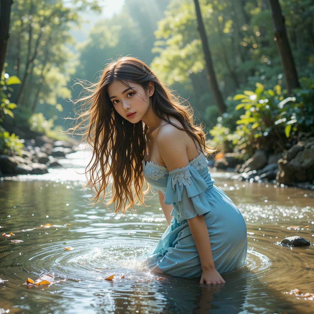Young woman in forest creek with sunlight and leaves