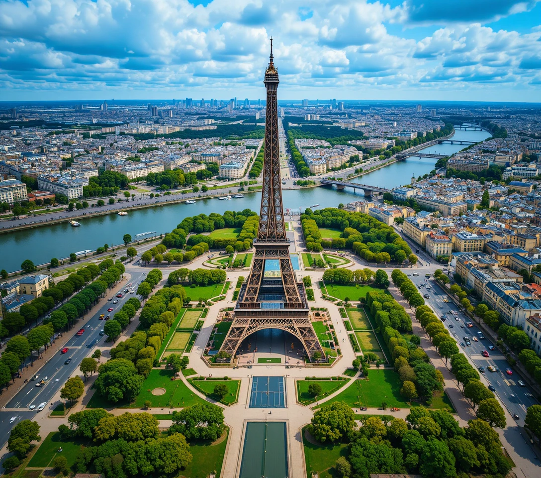 Vista aérea de la Torre Eiffel y el paisaje urbano de París