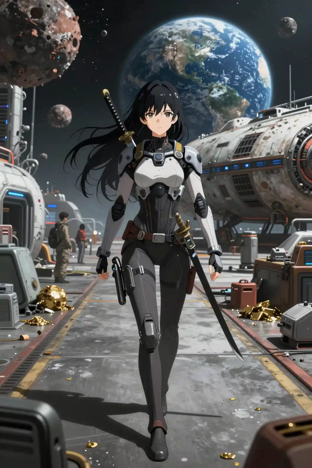 Chica de anime con traje de nanotecnología en la concurrida rampa de una estación espacial
