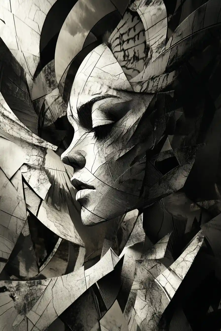 Cubist fairy dissolving into windblown dust and fragments