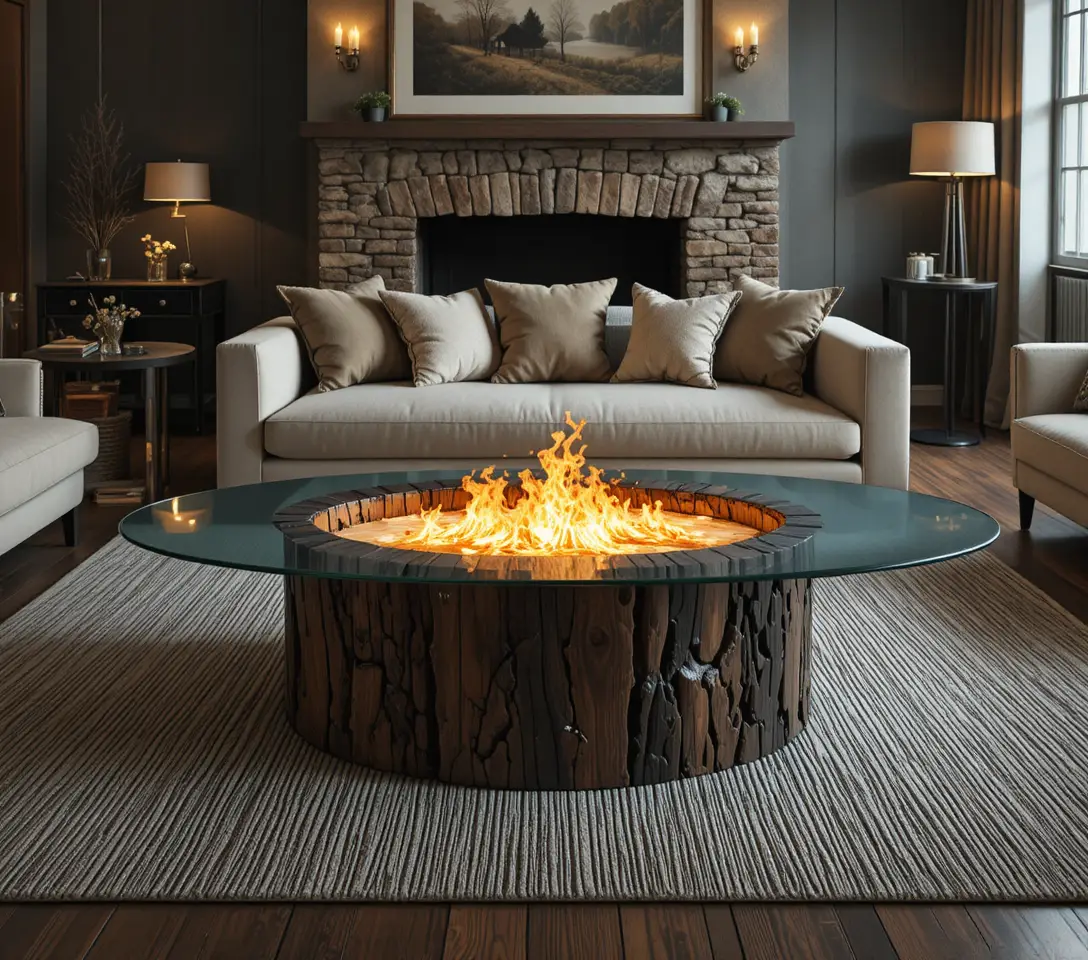 Modern living room with glowing wood and glass coffee table
