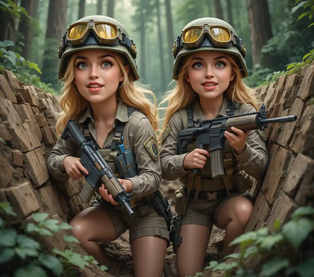 Armed soldiers in a wooden trench amid dense forest