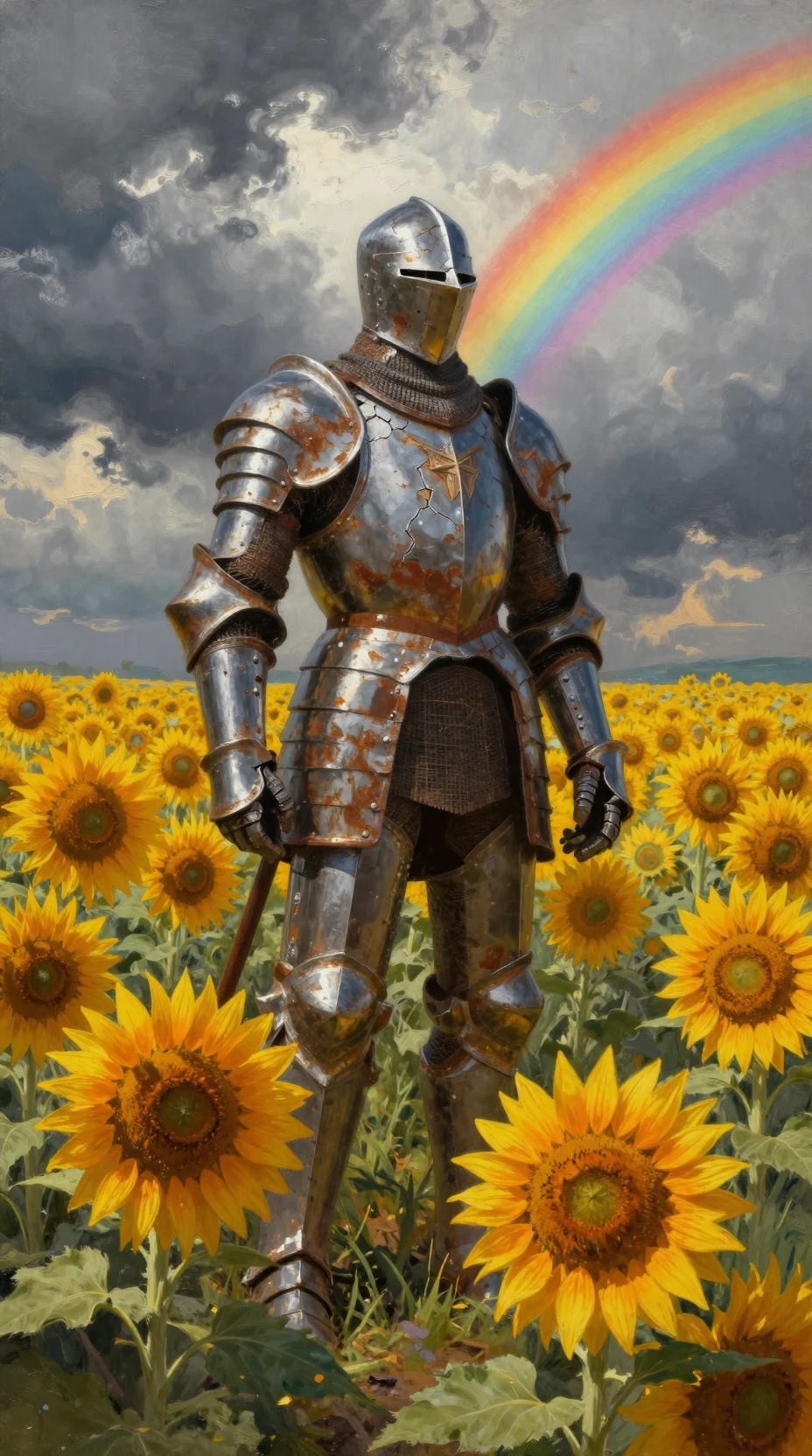 Antiker Ritter in Rüstung bewacht riesige surreale Sonnenblumen