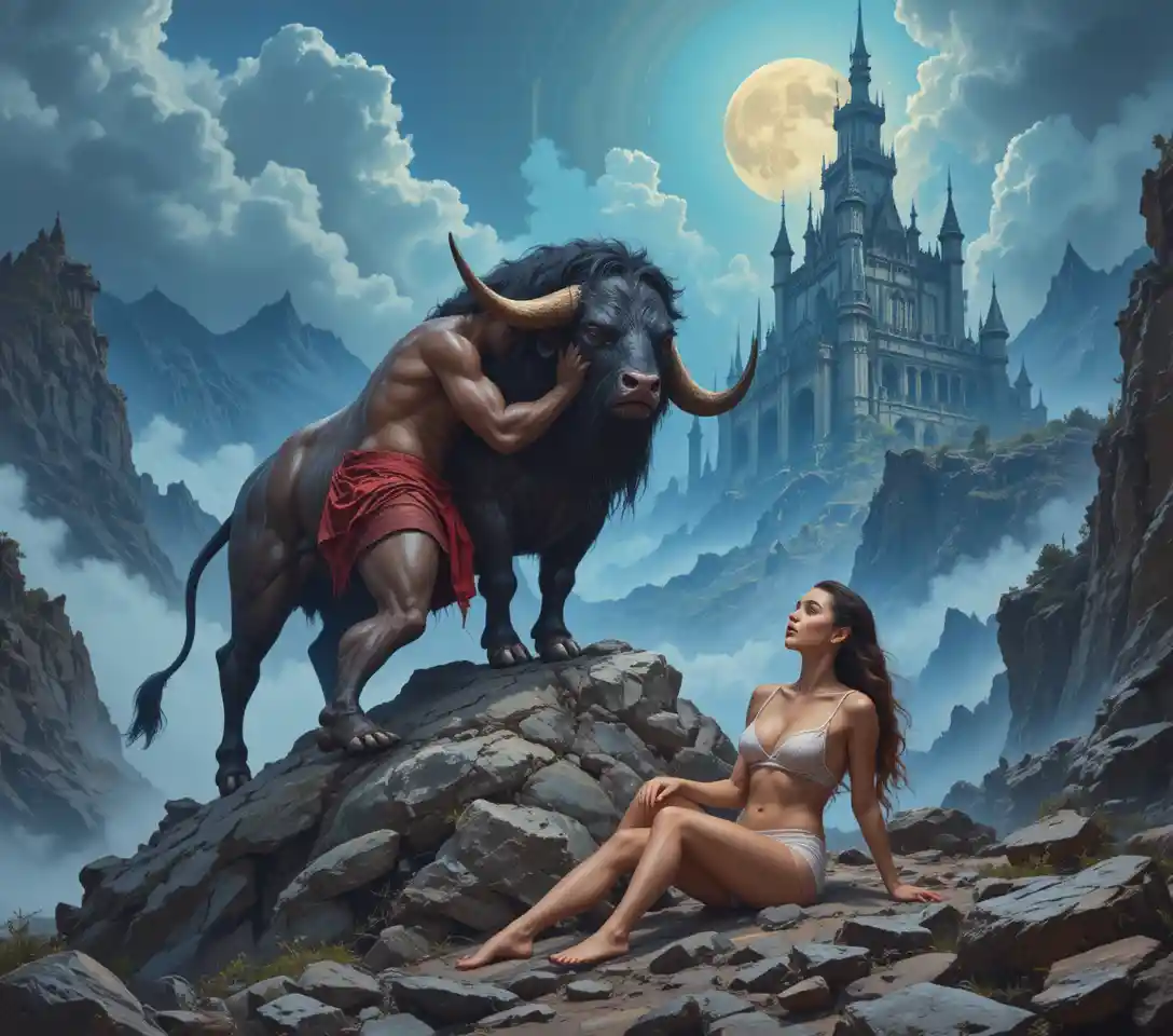 Muscular man wrestling a raging bull on jagged rocks