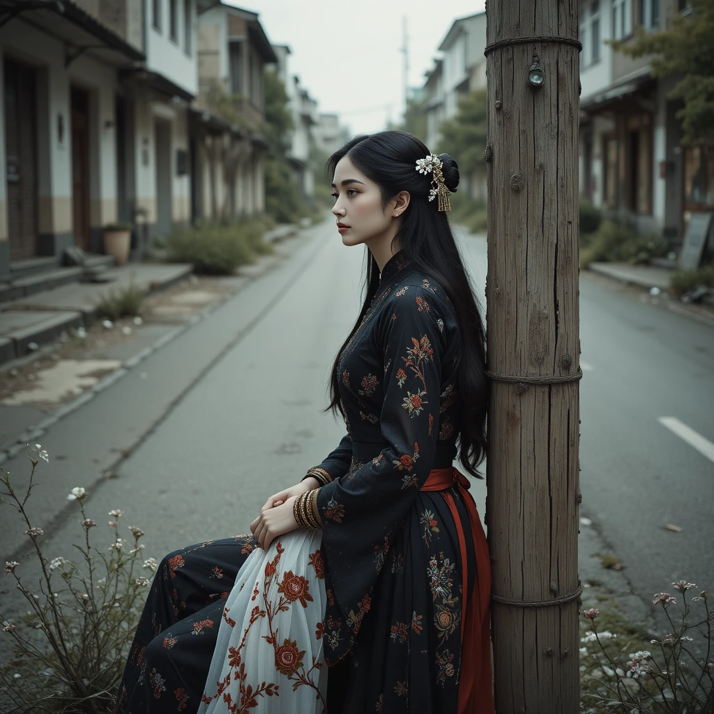 Young woman in profile on a quiet old city street