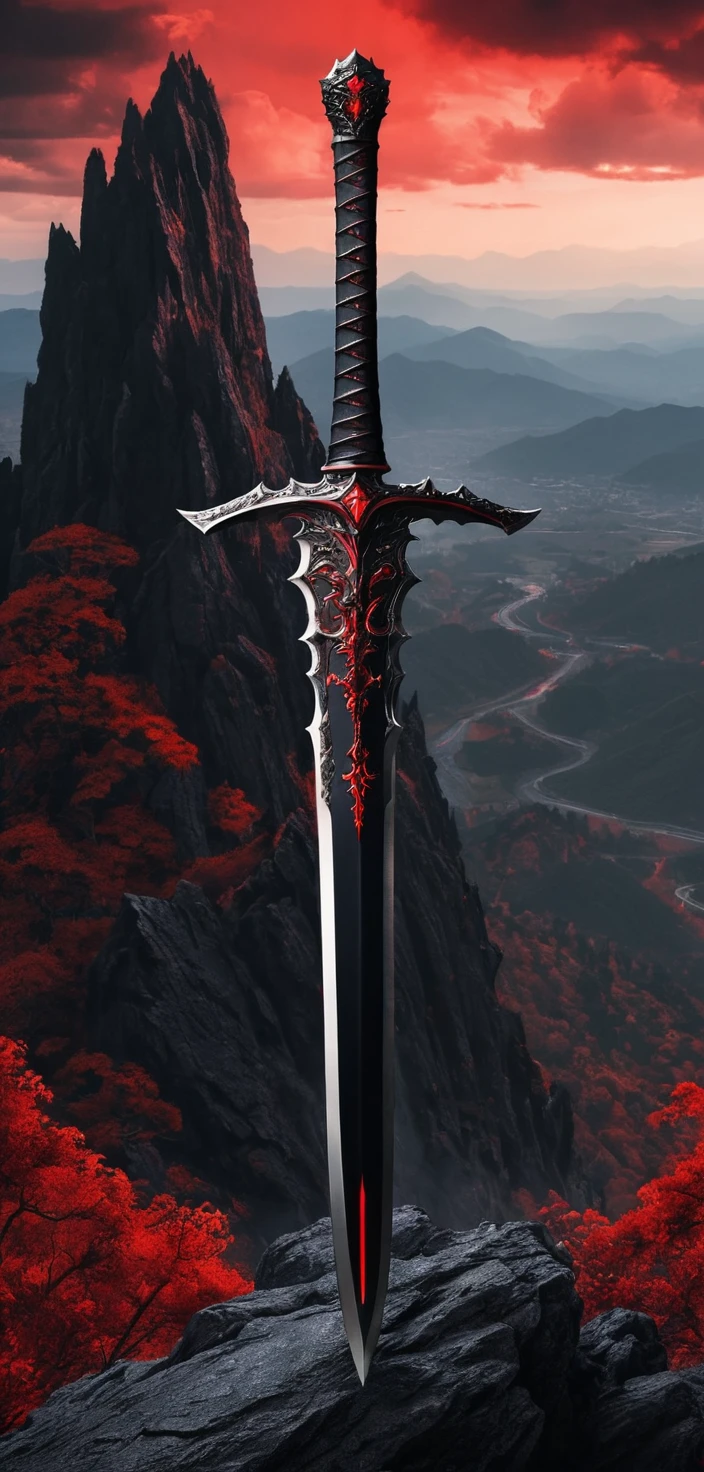 Espada negra con detalles rojos frente a un dragón amenazante