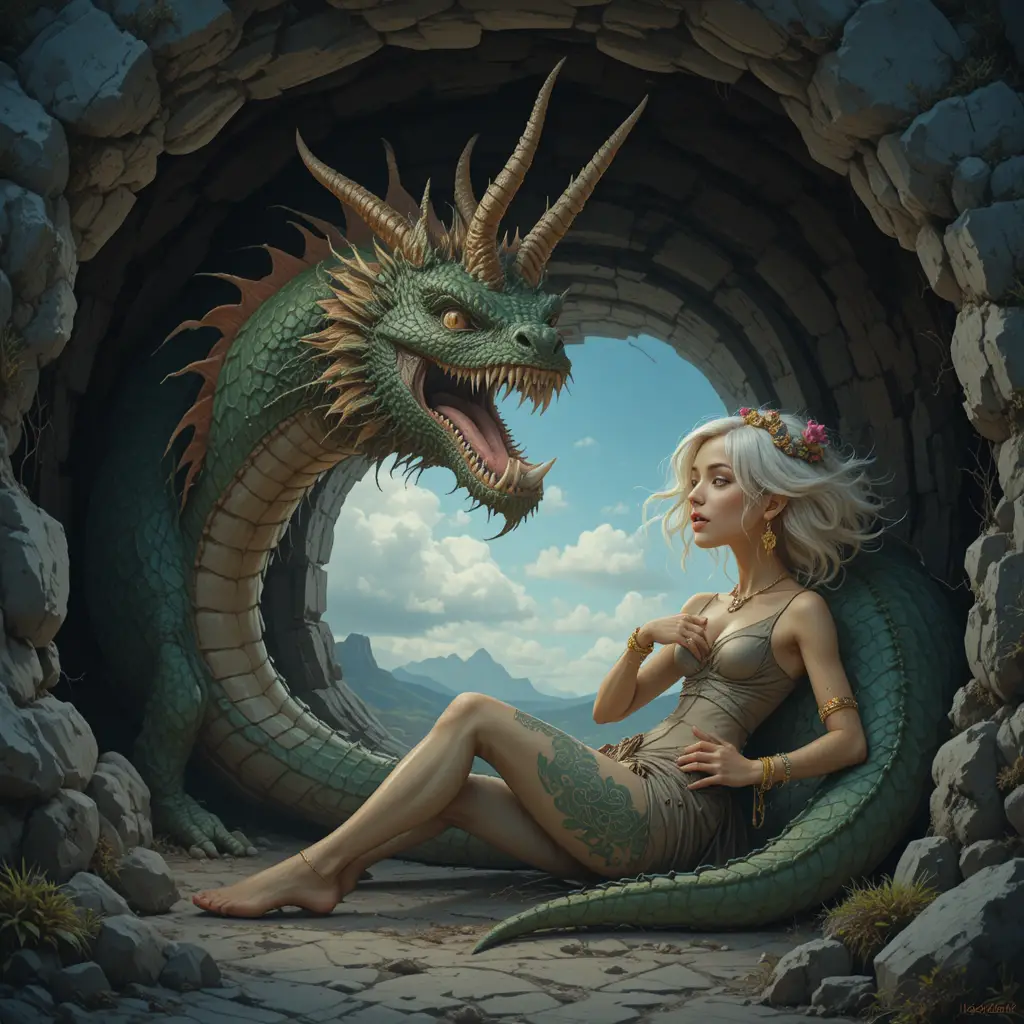 Young woman resting in cave facing a green dragon