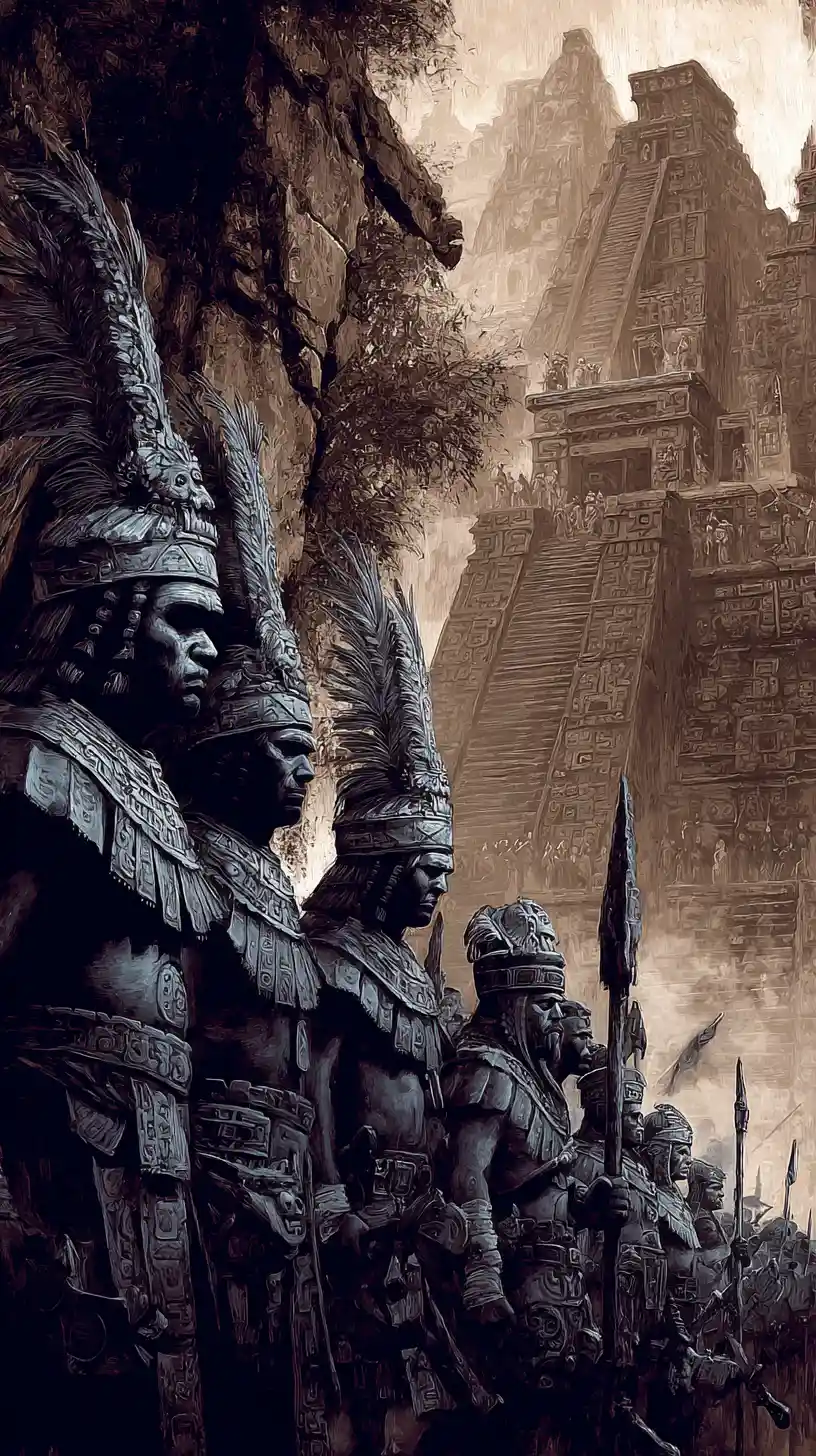 Ancient warriors gathered around a monumental temple complex