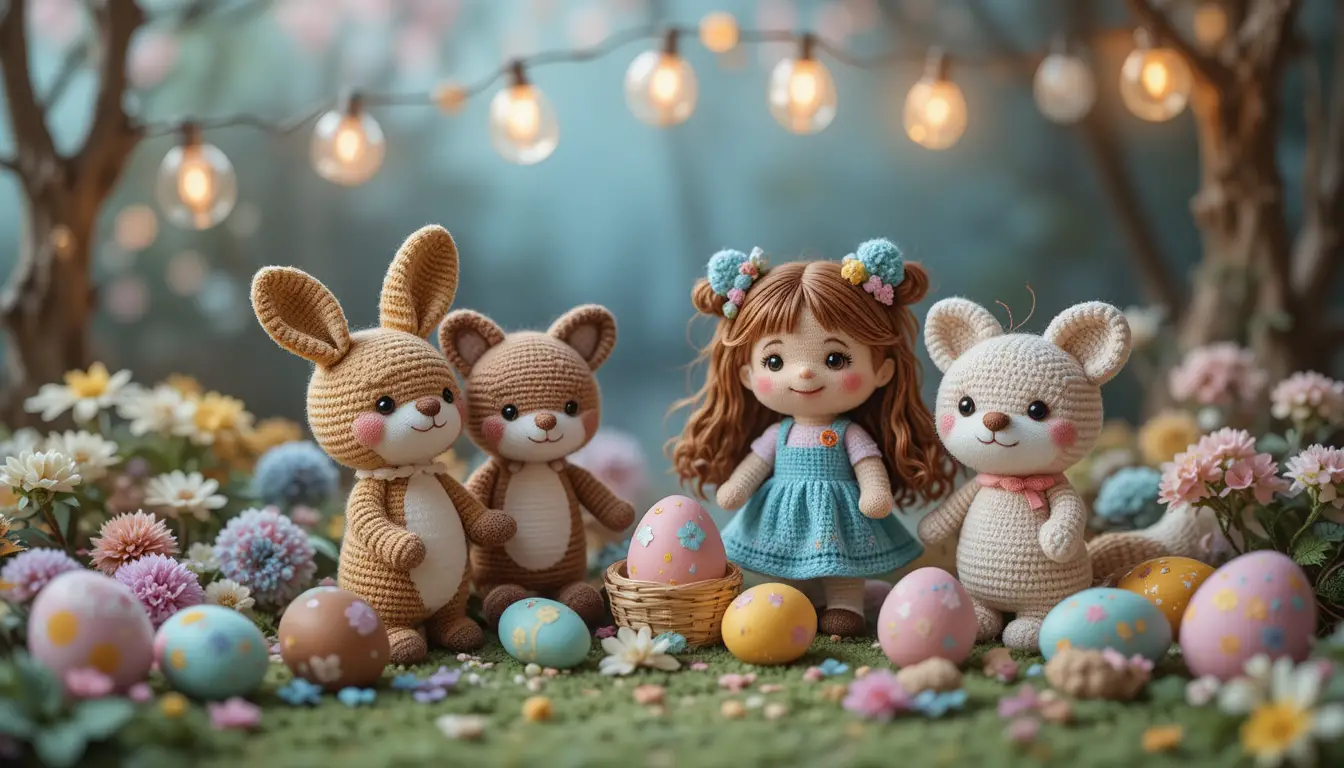 Crochet amigurumi Easter friends in a pastel spring garden