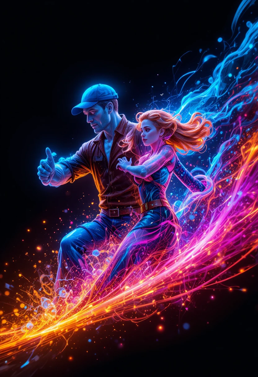 Neon sports style illustration of dynamic cartoon characters