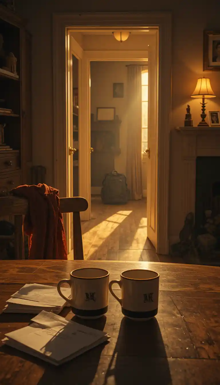 Warm kitchen table scene with coffee cups and letters