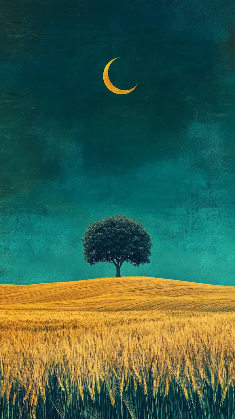 Spherical Tree In Golden Wheat Field Under Teal Sky