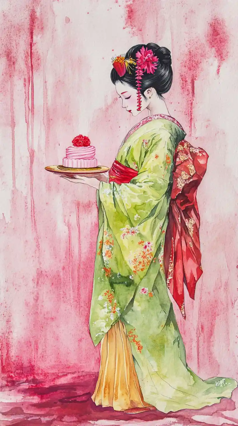Watercolor geisha with cake on pink abstract background