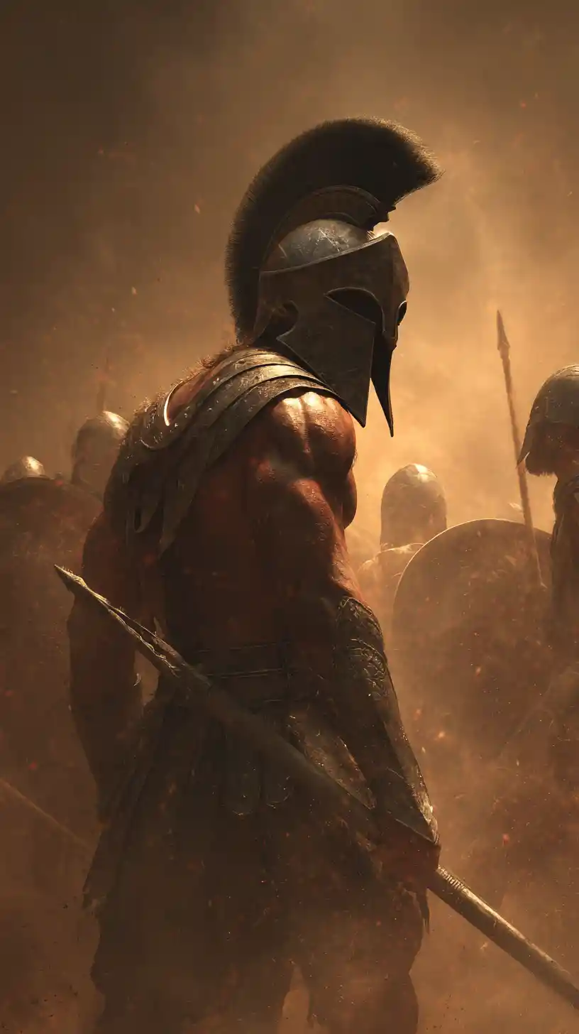 Armored warrior fighting Persian soldiers on dark battlefield