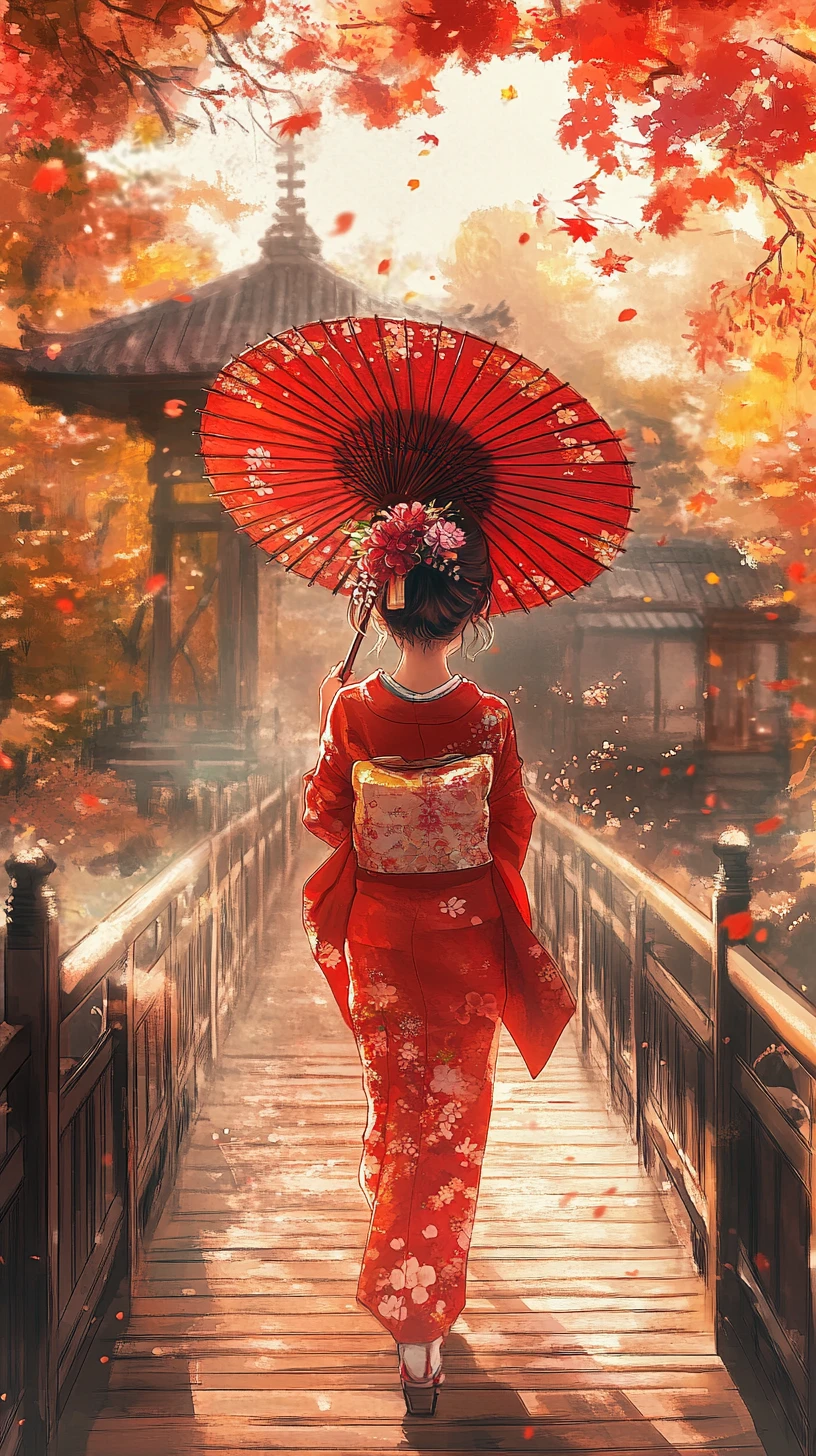 Chica japonesa con kimono rojo en un puente en otoño