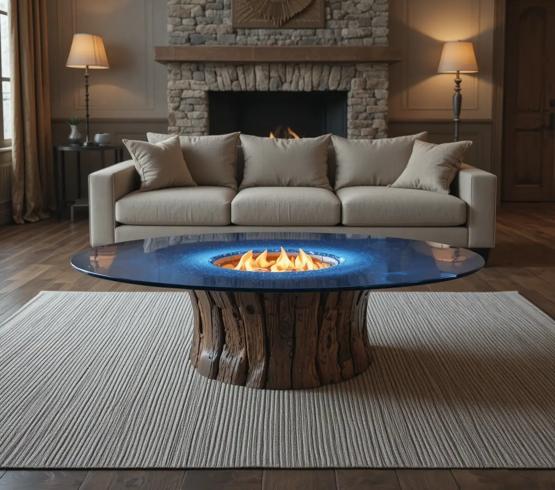 Modern living room with glowing wood and glass coffee table