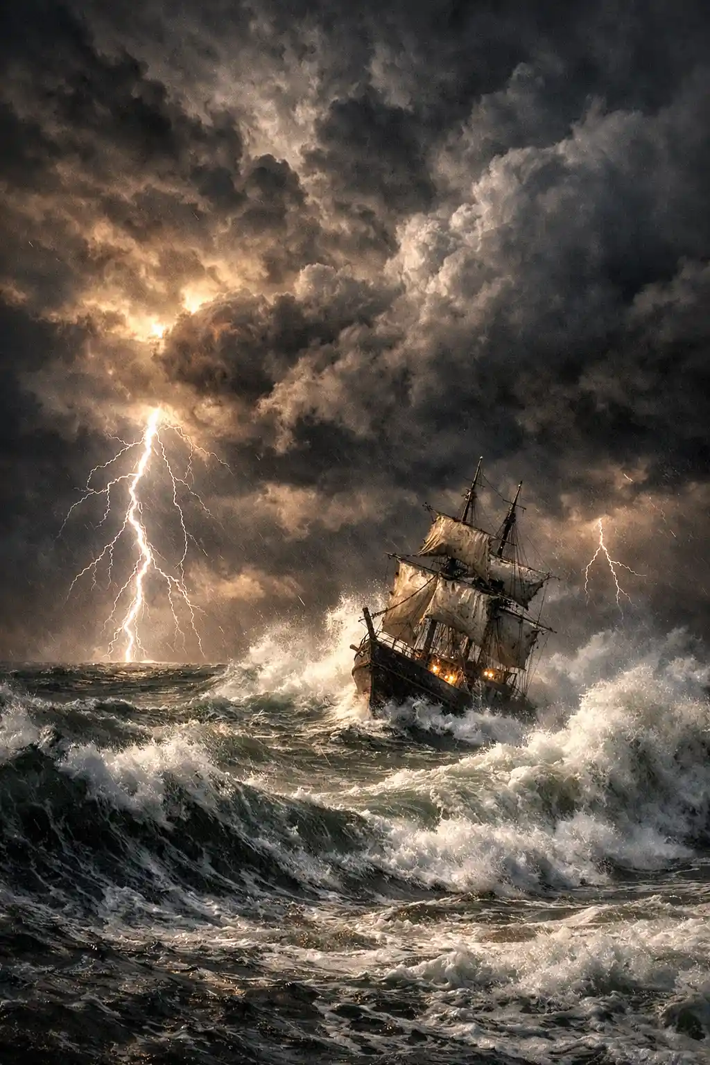 Kleines Schiff trotzt brechenden Wellen in einem heftigen Sturm