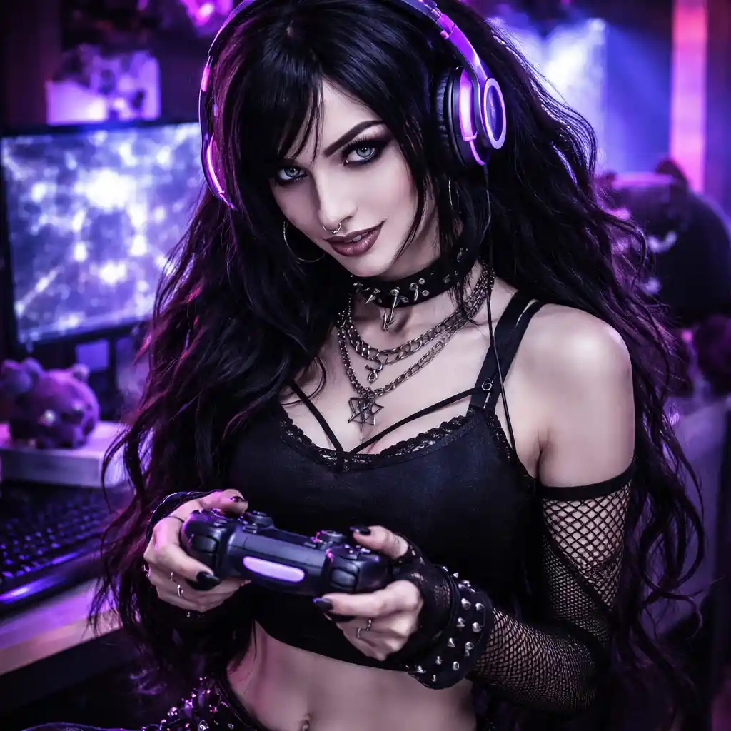 Playful goth gamer girl with cat ear headphones