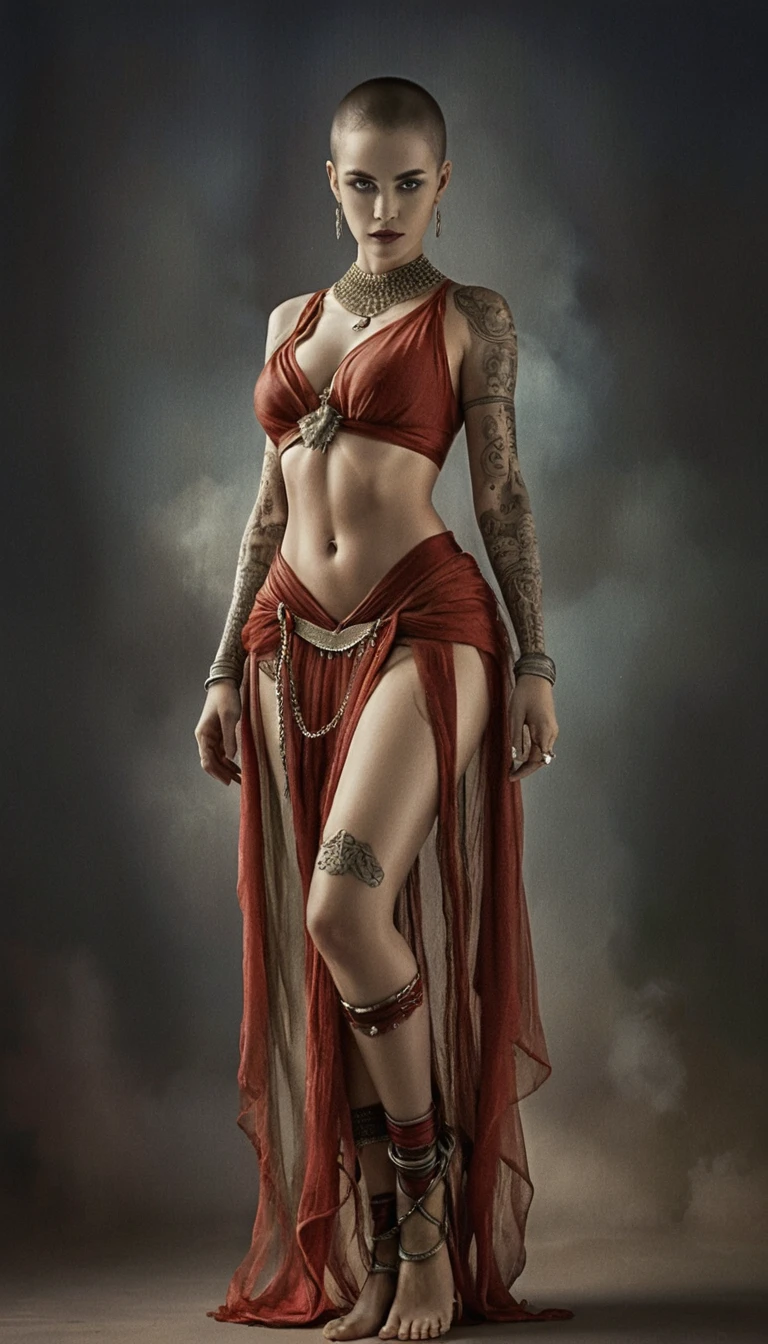 Guerreira feminina de fantasia em pose dramática de corpo inteiro em sépia
