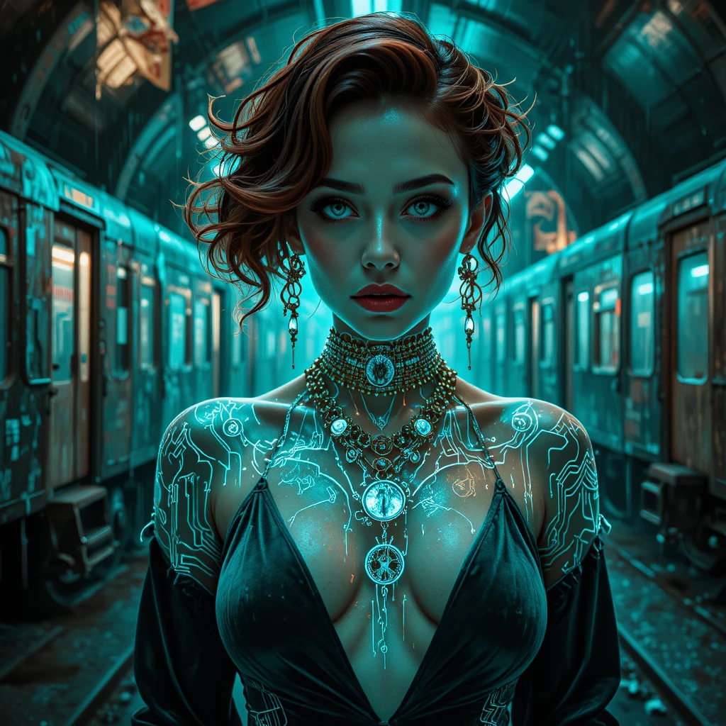Sirena envuelta en terciopelo en catedral subterránea inundada de neón