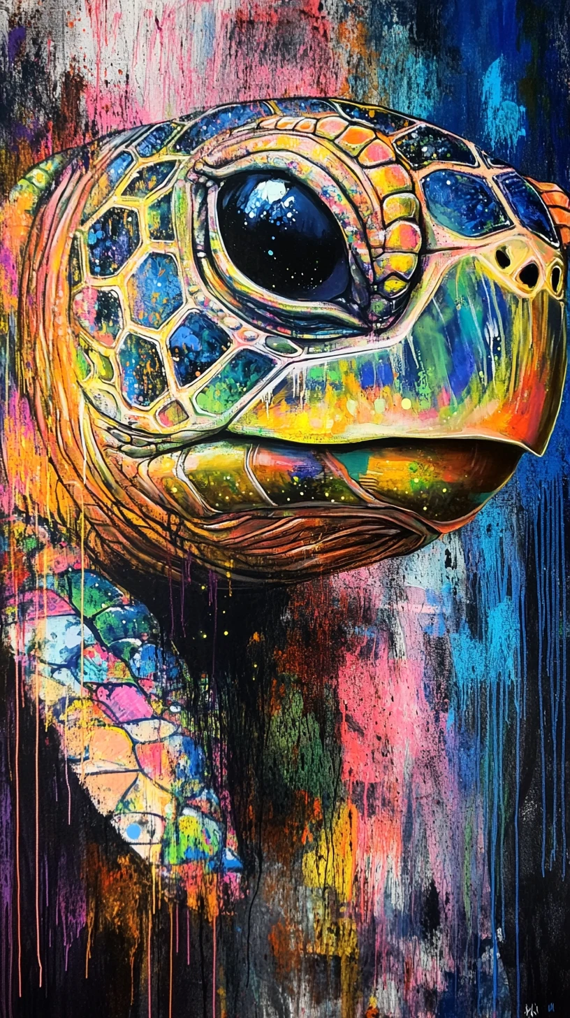 Retrato Surreal de Tartaruga em Grafite com Olho de Néon Luminoso